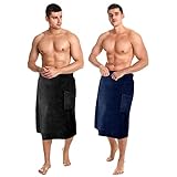 Tudomro 2 Pieces Men's Body Wrap Towel Adjustable Sauna Towels Spa Wrap with Pocket After Shower Wrap Terry Bath Towels Bath Wrap for Men Shower Bath Gym (Black, Navy Blue,X-Large)