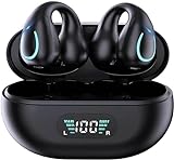 Open Ear Bone Conduction Headphones Wireless Earbuds Bluetooth 5.3 Clip On EarBuds with LED Display Charging Case 60 Hours Playtime Earphones IPX7 Waterproof for Running Walking, Workout（Black）