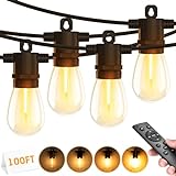 Outdoor String Lights with Remote - Dimmable 100FT Patio Lights with Edison Bulbs, Waterproof Hanging Lights Outside for Backyard Garden Porch Deck Balcony