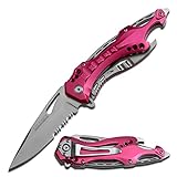 Tac-Force- Spring Assisted Folding Pocket Knife – Black Stainless Steel Blade with Pink Aluminum Handle, Bottle Opener, Glass Punch and Pocket Clip, Tactical, EDC, Rescue - TF-705RD