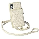 iPhone Xs Max Wallet Case, LAMEEKU iPhone Xs Max Card Holder Case Quilted Leather Wallet Case with Wrist Strap Zipper Purse Case Compatible with iPhone Xs Max 6.5'-Beige