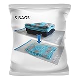8 Travel Space Saver Bags. Pack of 8 Bags with Sizes Medium to Large. Roll-up Compression Storage (No Vacuum Needed) and Packing Organizers for Travel and Home Storage
