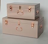 Metal Storage Trunk Set of 2 - Vintage Style Pink Decorative Box with Gold Handles & Locks - Space Saving Storage Chest with Lid for Bedding, Towels & Clothes - Dark Pastel Pink