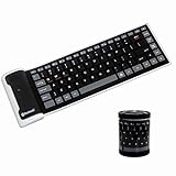 Mini Wireless Bluetooth Keyboard,Foldable Portable Silent Click Silicone Soft Waterproof Slim Rollup Keypad Rechargeable for PC Notebook Laptop (Black)