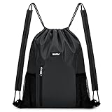 WANDF Drawstring Backpack with Shoulder Pad Sports Gym Backpack with Mesh Pocket String Bag for Women Men(Black)