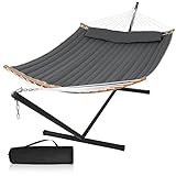 Mansion Home 55in Hammock with Stand, Heavy Duty Hammock with Stand Included, Two Person Hammock with Curved Spreader Bar, Pillow and Portable Bag, 450 Lbs Capacity, Dark Gray
