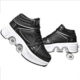 Roller Skates for Women Men Outdoor,2 in1 Parkour Shoes with Wheels for Girls/Boys,Double Row Deform Kick Roller Shoes Retractable Adults/Kids,Quad Roller Skates,Skating Shoes Recreation Sneakers