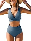 CUPSHE Bikini Set for Women Two Piece Swimsuit High Waisted V Neck Ruched Front Wide Straps L, Silver Lake Blue