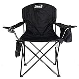 Coleman Camp Chair with 4-Can Cooler | Folding Beach Chair with Built in Drinks Cooler | Portable Quad Chair with Armrest Cooler for Tailgating, Camping & Outdoors, Black, Roomy seat: 24'