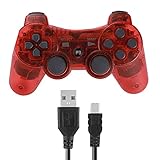 Linkshare wireless controller for ps3, double vibration bluetooth gamepad remote for playstation 3 with Charging Cord (clear red)