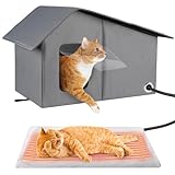 Large Heated Cat House, Waterproof Outdoor Cat Shelter for Winter with Thermostatic Heating Pad and Escape Door, Sturdy Warm Outside Pet House for Feral Cats Small Dog