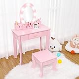 Bophy Girls' Vanity Table and Chair Set, Kids Makeup Dressing Table with Lights & Wood Makeup Playset, Kids Vanity Set with Mirror & Drawer for Age 4-9, Pink