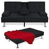 Best Choice Products Linen Modern Folding Futon, Reclining Sofa Bed for Apartment, Dorm w/Removable Armrests, 2 Cupholders - Black