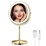 AMZTOLIFE Gold Makup Mirror with Lights, 10X Magnifying Lighted Vanity Mirror, 8 Inches 360 Swivel Two-Sided Tabletop Mirror Gold Finish