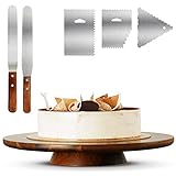 RABAHA 13' Acacia Wood Cake Stand Rotating – Rustic Cake Stand Set Turntable with 2 Icing Spatulas, 3 Smoothers – Wooden Revolving Cake Decorating - 100% Natural Ideal for Use at Parties, Weddings