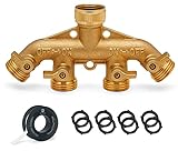Morvat Heavy Duty Brass 4 Way Splitter, Garden Hose Manifold Connector with Comfort Grip ON/OFF Valves, Adapter for Water Faucet & Spigot, Includes 8 Extra Washers, Roll of Teflon Tape & Mounting Kit