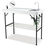 Hupmad 37' Folding Fish Cleaning Table w/Faucet & Sink, Outdoor Portable Fillet Station w/Grid Frame, Knife & Standard Garden Spray Nozzle, Multifunctional Washing Table for Camping or Kitchen, Black