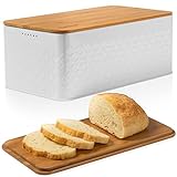 White Bread Box For Kitchen Countertop - Bread Box With Bamboo Wood Cutting Board Lid - Farmhouse White Bread Boxes - Metal Large Bread Box Modern Style To Extend Freshness - Bread Storage Container