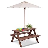 HONEY JOY Kids Picnic Table, Toddler Outdoor Wooden Table & Bench Set with Umbrella, Children Patio Backyard Set, Kids Rectangular Table and Chair Set for Outdoors, Gift for Boys Girls Age 3+