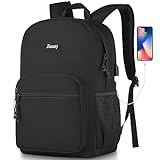 Jiauny 17 Inch School Backpack,Classic Lightweight Bookbag Scoolbag with USB Charging Port for High School Teens College Students Work Office Adult,Black