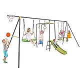 Costzon 660 lbs Swing Sets for Backyard, 7-in-1 Heavy Duty Extra Large Metal Swing Frame w/2 Swings, Glider, Gym Rings, Slide, Monkey Bar, Basketball Hoop, Play Equipment for Indoor Outdoor Gift Kids