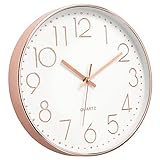 Foxtop Modern Wall Clock 12 Inch Non-Ticking Silent Battery Operated Round Quartz Rose Gold Wall Clock for Office Bedroom Living Room Kitchen Home School Decor
