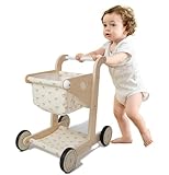 Hopscotch Squad Baby Wooden Shopping Cart Push Pull Walker Doll Stroller for Toddler, Pretend Peducational Learning Walker, Play Wagon with Rubber Wheel, Larger Size 16.5” x 111.4” x 18”