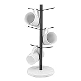 RIKBVOM Marble Mug Holder Tree, Coffee Cup Holder with 6 Hooks, Upgraded Stable Metal Coffee Mug Holder Mug Tree Stand Display Rack for Counter Kitchen Cabinet, Coffee Bar Accessories, Cafe Organizer