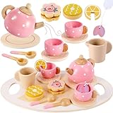 BUYGER Wooden Pretend Play Tea Party Set for Little Girls Toddler Wooden Kitchen Toys Food Accessories Playset for Toddler Kids Ages 3-5 4-6