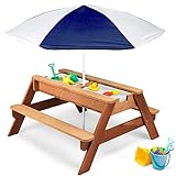 Best Choice Products Kids 3-in-1 Sand & Water Activity Table, Wood Outdoor Convertible Picnic Table w/Umbrella, 2 Play Boxes, Removable Top - Navy