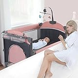Jaoul Baby Bassinet Bedside Sleeper Baby Crib, Pack and Play with Bassinet and Changing Table, Pink Portable Travel Baby Playpen with Bassinet Toys & Music Box, Mattress for Girl Boy Infant Newborn