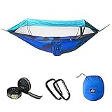[2 in 1] Camping Hammock with Mosquito Net & Sunshade Cloth & Tree Straps for 2/Double Person, AYAMAYA Portable Parachute Nylon Lightweight Big Pop Up Swing Hammock with Bug/Insect Netting (Blue)