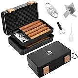 Travel Cigar Humidor Box Case Double layer design with Cigar Accessories Hygrometer&Spanish Cedar &Humidifier &Cigar Cutter & Cigar Stand &Cigar Punch CutterHold 8-10 Cigars Waterproof Case Crushproof