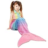 Catalonia Kids Mermaid Tail Blanket, Super Soft Plush Flannel Sleeping Snuggle Blanket for Girls, Rainbow Ombre, Fish Scale Pattern, Gift Idea