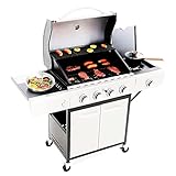 MFSTUDIO 4 Burner Propane Gas BBQ Grill with Side Burner and Porcelain-Enameled Cast Iron Grates, 42,000BTU Outdoor Patio Garden Barbecue Grill, Stainless Steel