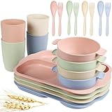Shopwithgreen Wheat Straw Dinnerware Cutlery Set, 20 PCS Kids Toddlers Divided Plates and Bowls Sets, Microwave Unbreakable Tableware Spoon Knife Cup, Dishwasher Safe for Kitchen Picnic School