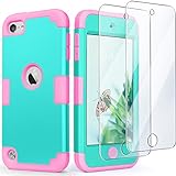 iPod Touch 7 Case with 2 Screen Protectors, iPod 6 & 5 Case, IDweel 3 in 1 Hard PC Case + Silicone Shockproof for Kids Heavy Duty Hard Case Cover for 2019 iPod Touch 7th/6th/5th Gen, Mint+Pink
