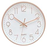 Foxtop Modern Wall Clock 12 Inch Non-Ticking Rose Gold Wall Clock Silent Battery Operated Round Quartz Clock for Living Room Bedroom Home Office School Decor