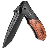 KEXMO Pocket Knife for Men - 3.46' Sharp Blade Wood Handle Pocket Folding Knives with Clip, Glass Breaker - EDC Knives for Survival Camping Fishing Hiking Hunting Gift Women, Black