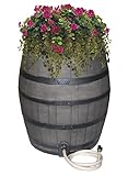 Rescue 50-Gallon Whiskey Rain Barrel with Black Bands – Includes Planter, Rain Water Diverter, Outlet Hose – Flatback Design – Gray