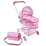 Hey! Play! Deluxe Toy Pram for 18” Baby Dolls- Foldable, Pink Carriage with Diaper Bag, Storage Basket and Canopy for Little Girls, Boys, and Kids