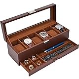 ProCase Watch Box Organizer for Men, 6 Slot Watch Display Case with Drawer, Mens Watch Box Watch Case Holder, 6 Watch Box Double-layer Jewelry and Watch Storage Case with Glass Lid -Espresso
