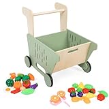 Wooden Baby Push Walker Learning Walker, Grocery Shopping Cart for Kids with Kitchen Vegetable Fruit Toys Set 22PCS, Vibrant Colors Sit to Stand Walker for Kids 12M+(Green)