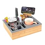 Hitseon Couch Cup Holder Tray, Handy Silicone Bamboo Couch Caddy with Rotatable Phone Holder for Bed Car Seat Organizer, Waterproof Anti-spill Sofa Cup Holder for Snacks Beverage Remote (Gray)