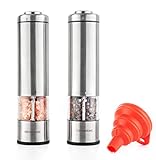 GZOOGHOME Electric Salt and Pepper Grinder Set - Battery Operated Automatic One Handed Salt Pepper Mill with Funnel and Bottom Cap - Ceramic Grinders with Lights and Adjustable Coarseness