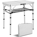 GCCSJ Small Folding Table,Portable Lightweight Aluminum Adjustable Height with Carry Handle,Camping Table with Mesh Holders for Outdoor Camp Picnic Beach BBQ Cooking (3 Heights)