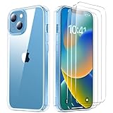Huness [4 in 1] Designed for iPhone 14 Case/iPhone 13 Case, with 3 Pack Tempered Glass Screen Protector [Non-Yellowing ] [Military Drop Protection] Shockproof Slim Fit 6.1 Inch, Clear