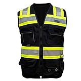 Fierce Safety SU500B Premium Surveyors Class 1 Black Heavy Duty Vest, Tablet Pockets & Neck Padding | 100% Polyester Optimal Breathability | Contrasting Reflective | Meets ANSI Standards