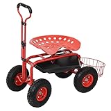 Sunnydaze Garden Cart Rolling Scooter - Features Extendable Steer Handle, Swivel Seat and Utility Tool Tray - Red