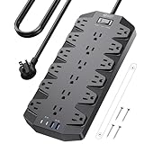 Surge Protector Power Strip, SUPERDANNY 18 AC Outlets with 2 USB C and 2 USB A Ports, 1875W/15A, 2100J, 6.5FT Flat Plug Heavy Duty Extension Cord with Wall Mount Holes for Home, Office, Dorm, Black